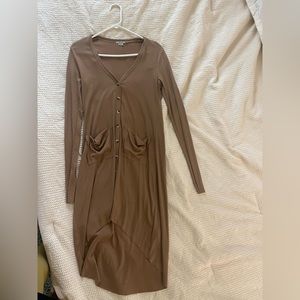 Women’s long cardigan tan size small. Thin ribbed with pockets